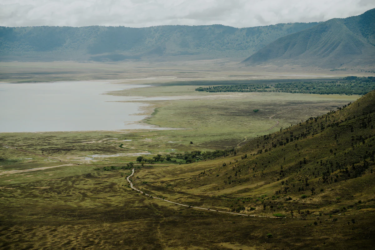 The floor of Ngorongoro Crater with the soda lake and the crater wall beyond